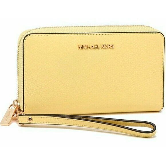 S Michael Kors Jet Set Travel Phone Case Wallet Wristlet Yellow Leather / Gold - Picture 1 of 12